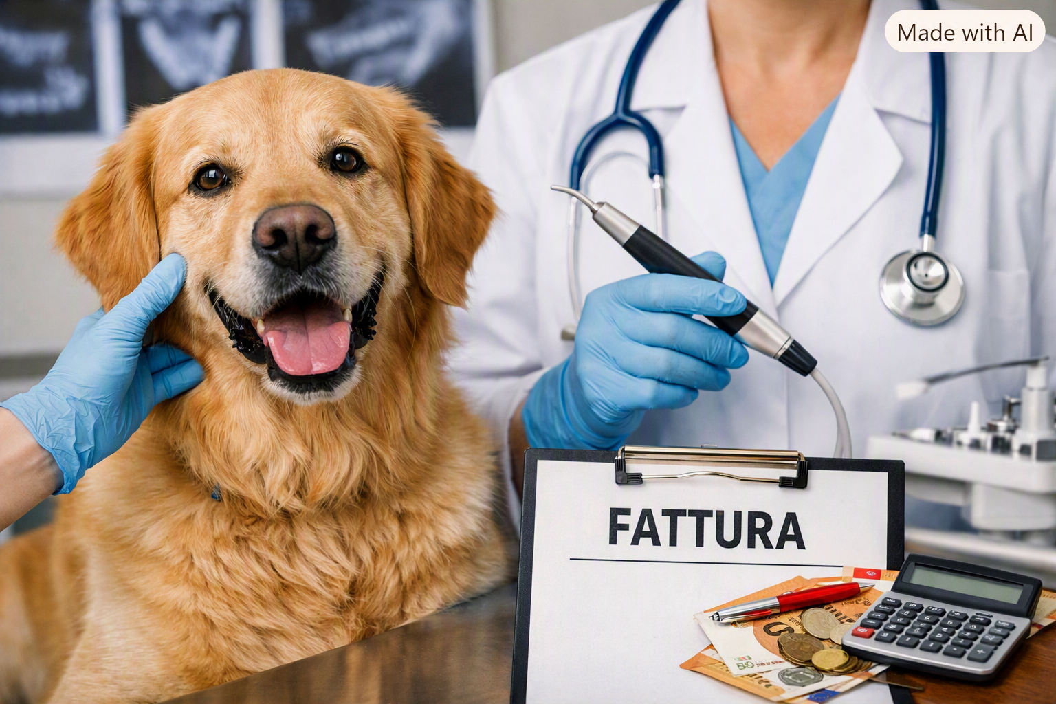 Veterinario con guanti azzurri esegue detartrasi su cane Golden Retriever, accanto a fattura e strumenti medici.