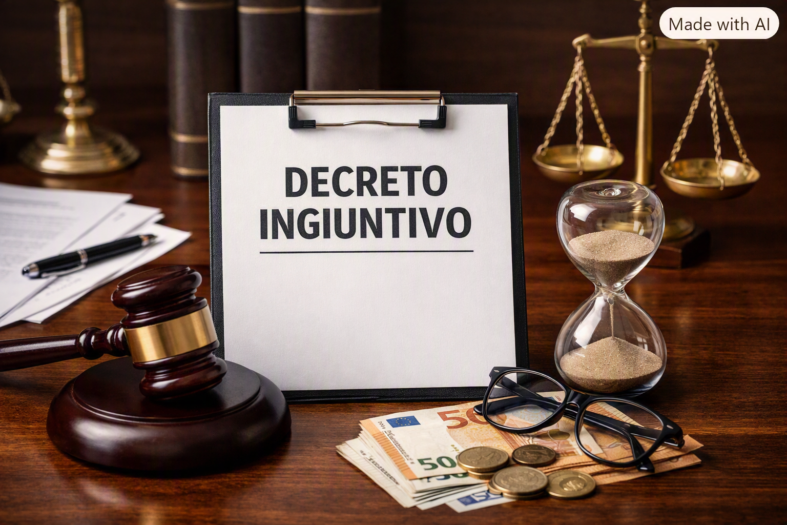 Documento con la scritta “Decreto ingiuntivo” su scrivania legale, accanto a martelletto del giudice, clessidra, bilancia e banconote euro.