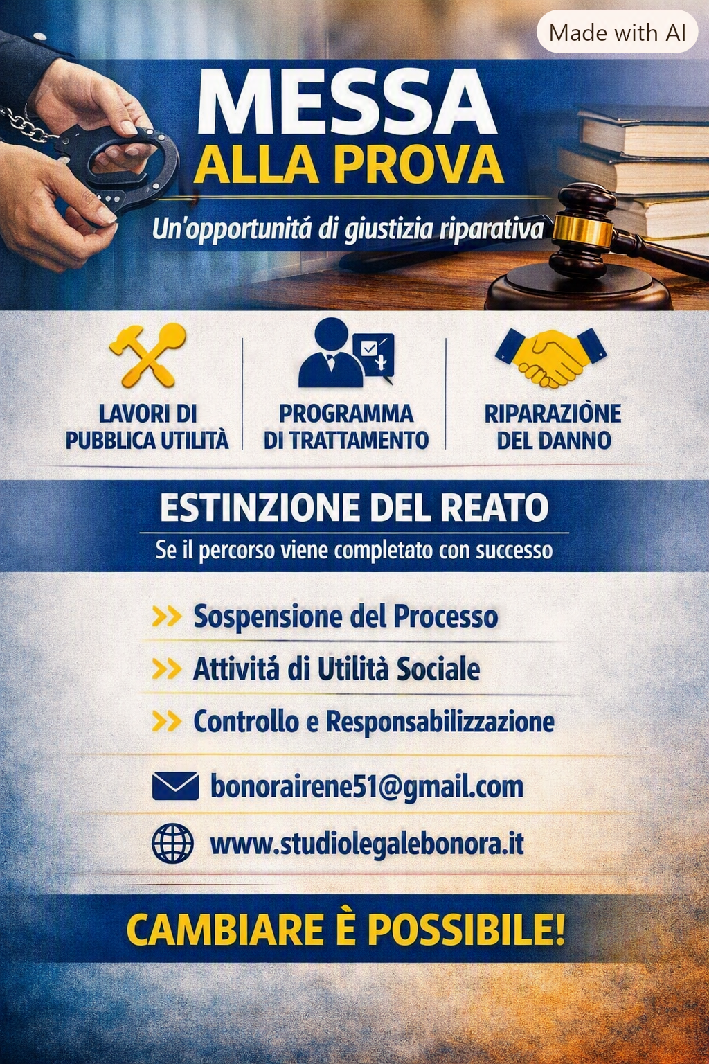 Locandina informativa sulla messa alla prova nel procedimento penale, con icone dei lavori di pubblica utilità, trattamento UEPE e riparazione del danno, e contatti dello Studio Legale Bonora.